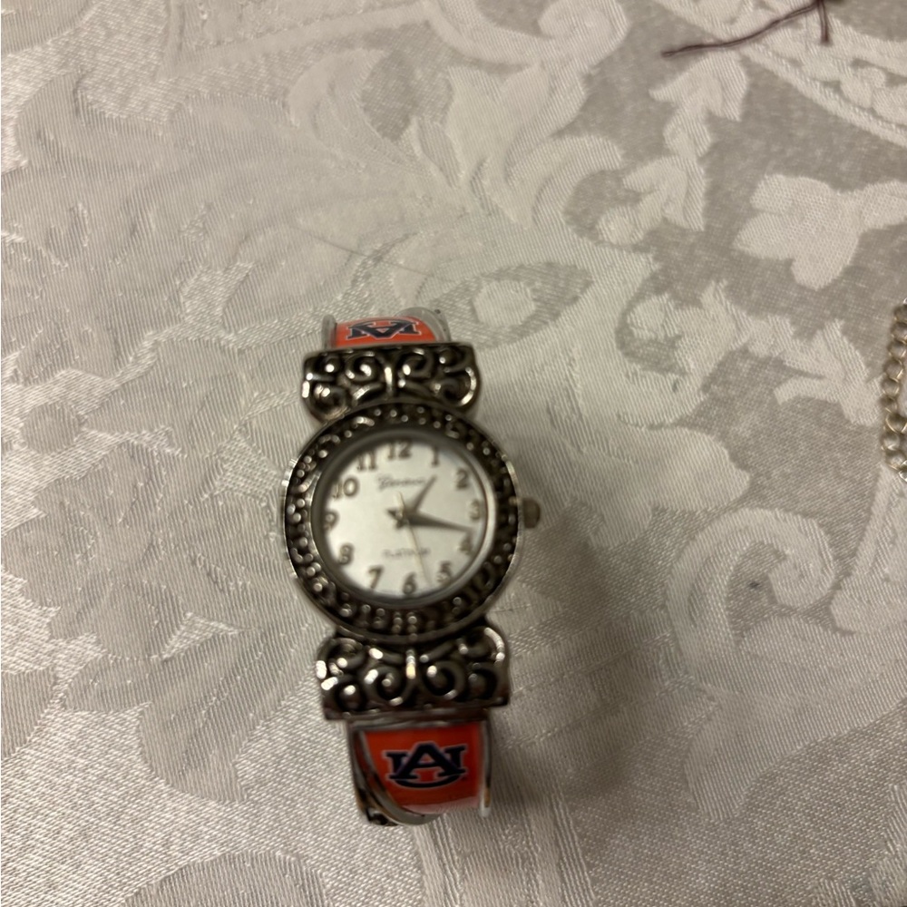 Auburn Geneva Silver-Tone Women's Watch with Orange and Blue Auburn Accents